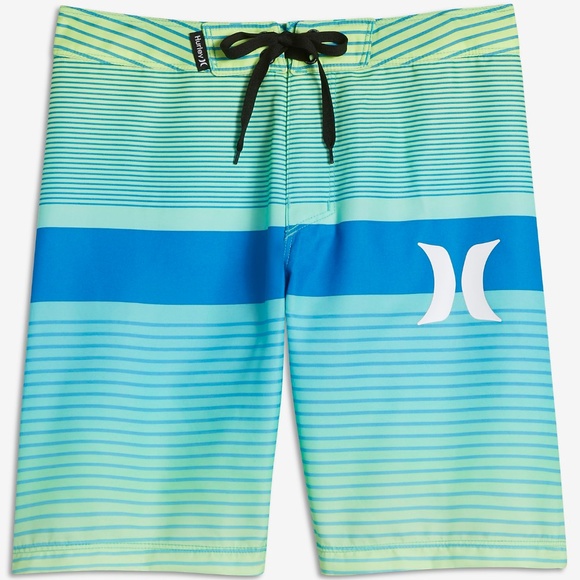 NEW Hurley teal blue stripe boys youth swim board shorts swimsuit sz 4 6 7